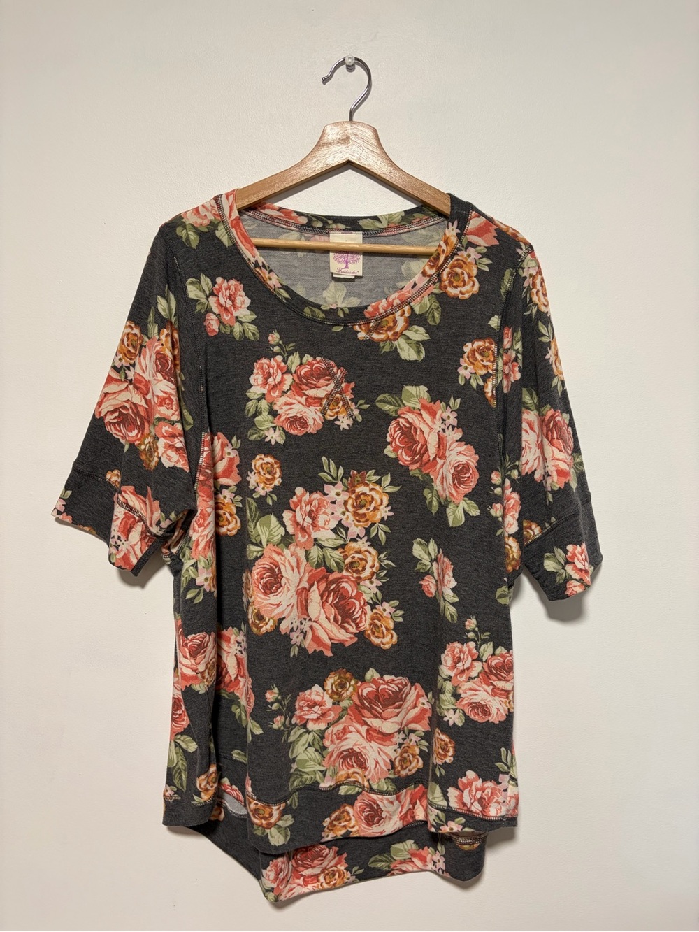 Freeloader Charcoal Floral Scoop Neck Short Sleeve Tee